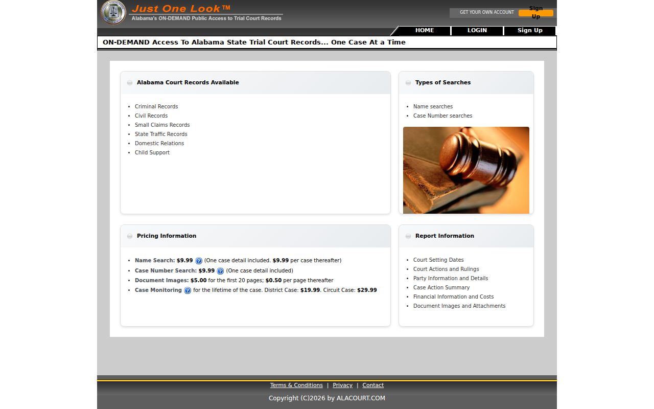 Bullock County court records search through Alacourt Access and Just One Look
