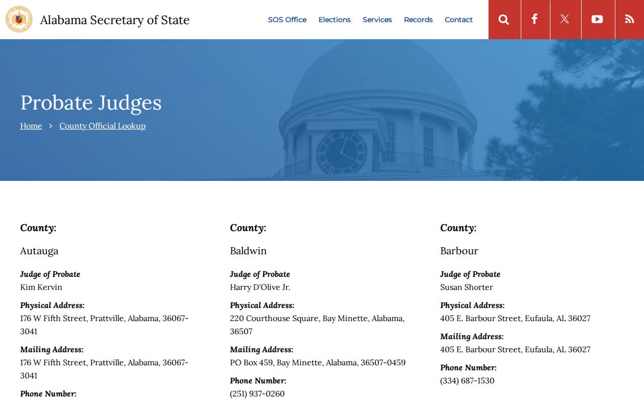 Bullock County probate records Secretary of State probate judge directory