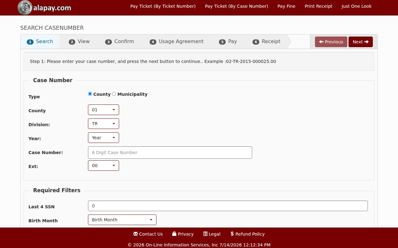 Bullock County traffic court records AlaPay traffic case number search fields