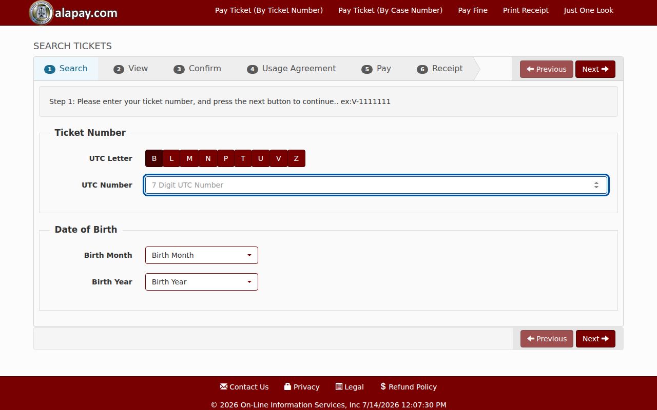 Bullock County traffic court records AlaPay ticket number search fields